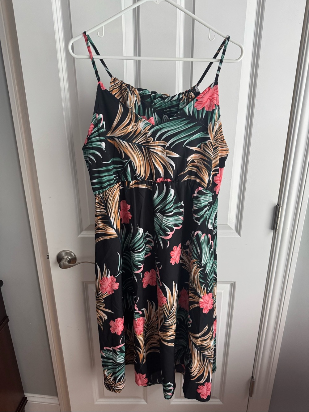 SHEIN Black Midi Dress with Pink Floral & Green Palm Print